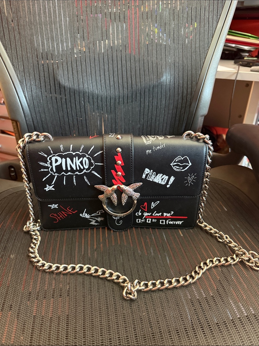 Pinko Black Leather Graffiti Love Logo Chain Edgy Crossbody Bag